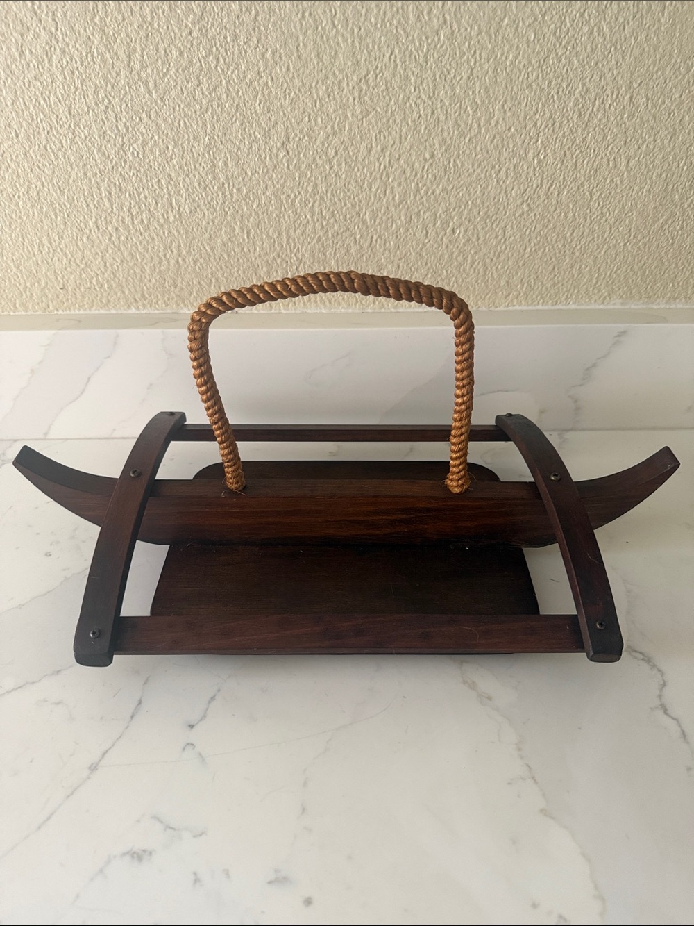Vintage Wooden Serving Basket Caddy  with Rope Handle